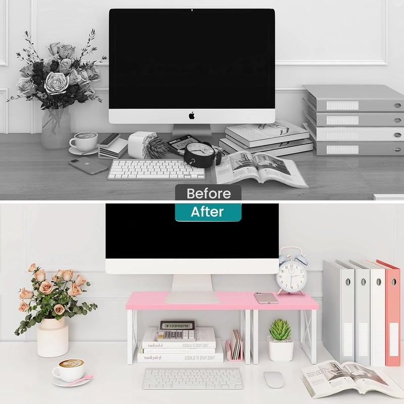 ELITEROO Desktop Shelf, 2 Tier Independent Stackable Desk Stand, Adjustable Freestanding Table Top Mini Bookshelf, Aesthetic Storage Organizers for Women/Girls/Daughter, Pink - Image 5